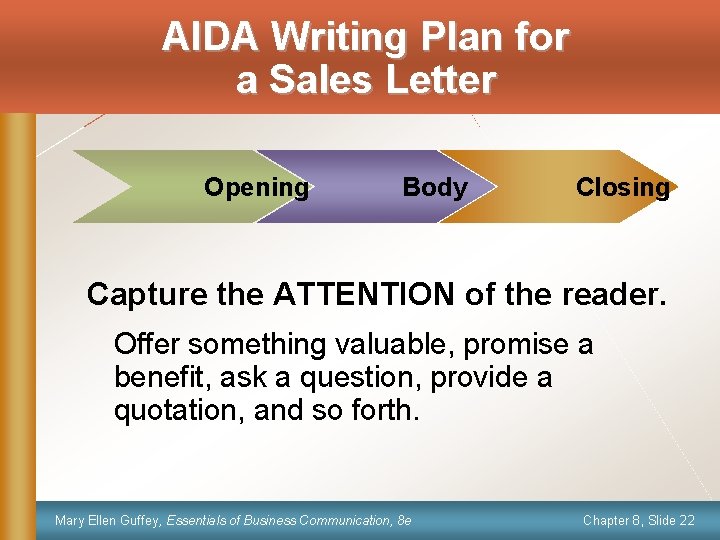 AIDA Writing Plan for a Sales Letter Opening Body Closing Capture the ATTENTION of