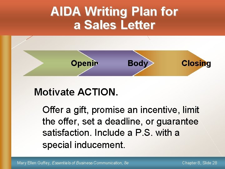 AIDA Writing Plan for a Sales Letter Opening Body Closing Motivate ACTION. Offer a