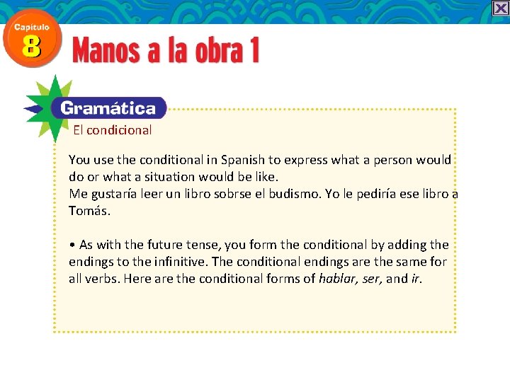 El condicional You use the conditional in Spanish to express what a person would