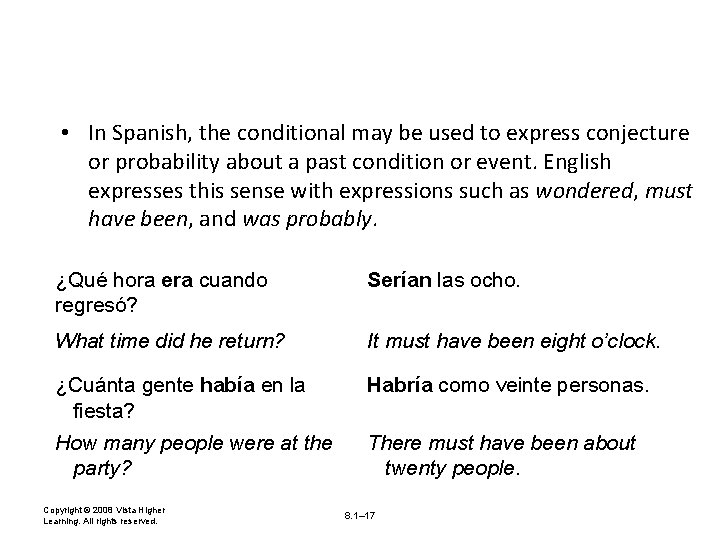  • In Spanish, the conditional may be used to express conjecture or probability