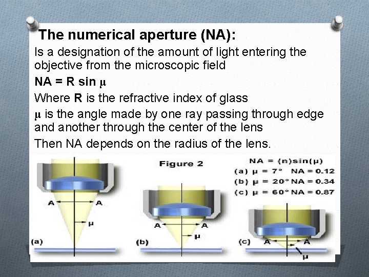 The numerical aperture (NA): Is a designation of the amount of light entering the