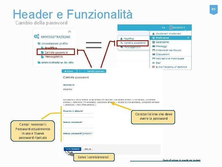 09 Header e Funzionalità Cambio della password = Caratteristiche deve avere la password Campi