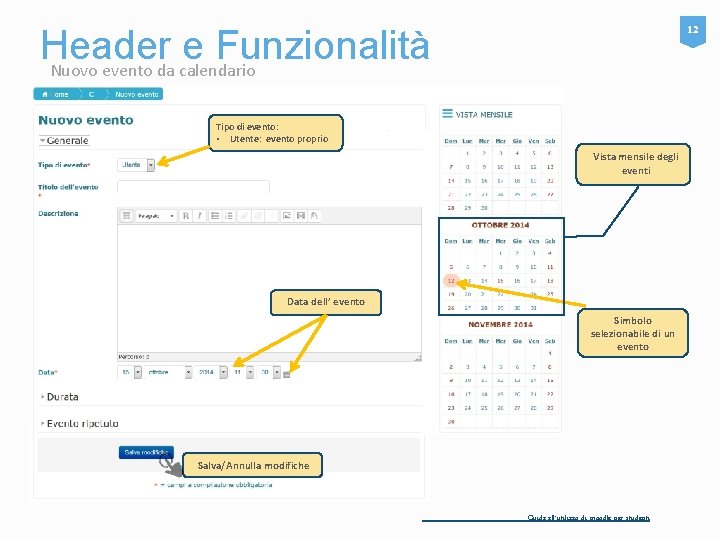 12 Header e Funzionalità Nuovo evento da calendario Tipo di evento: • Utente: evento