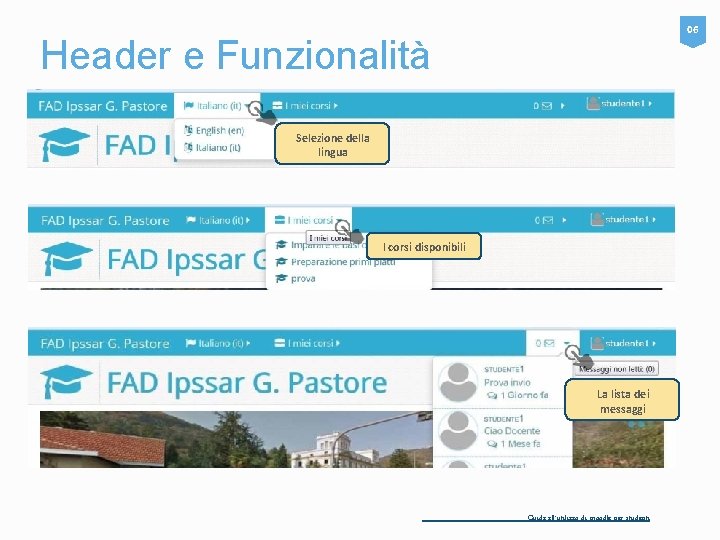 06 Header e Funzionalità Selezione della lingua I corsi disponibili La lista dei messaggi