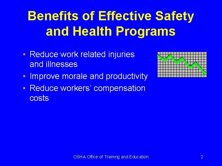 Benefits of Effective Safety and Health Programs • Reduce work related injuries and illnesses