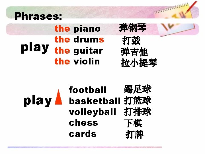 Phrases: play the the piano drums guitar violin 弹钢琴 打鼓 弹吉他 拉小提琴 football basketball