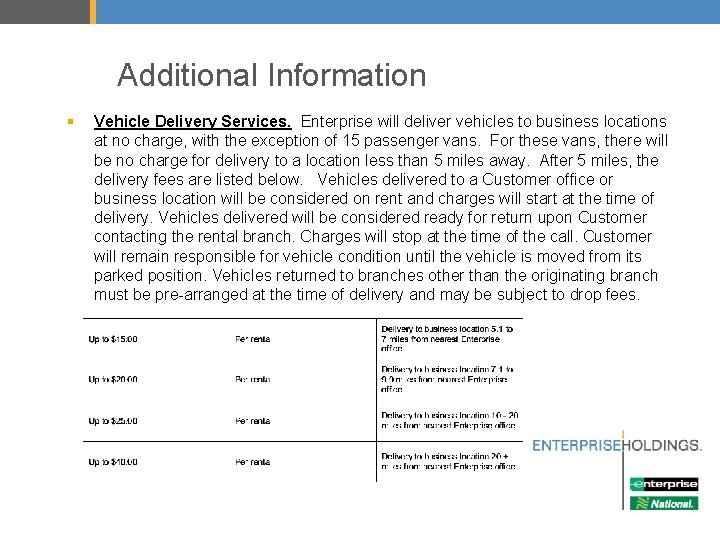 Additional Information § Vehicle Delivery Services. Enterprise will deliver vehicles to business locations at