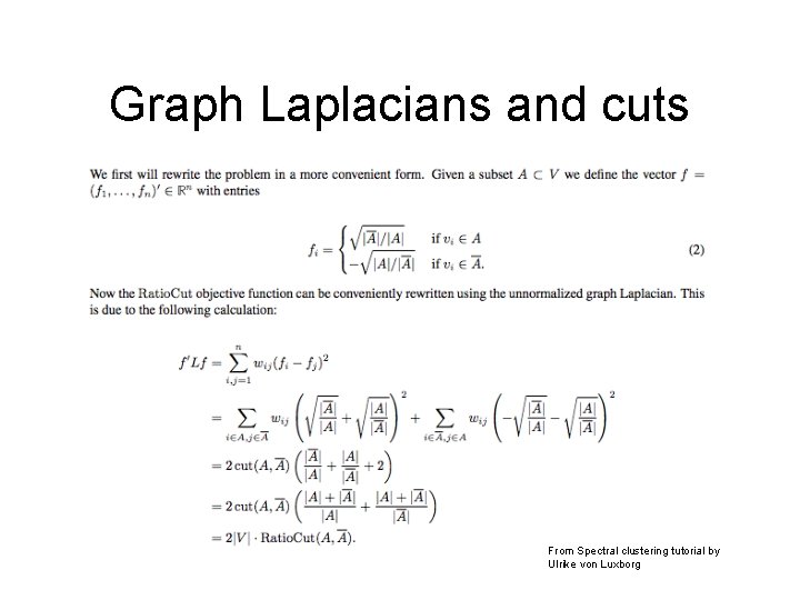Graph Laplacians and cuts From Spectral clustering tutorial by Ulrike von Luxborg 