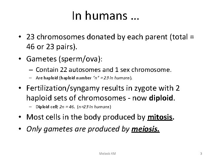 In humans … • 23 chromosomes donated by each parent (total = 46 or