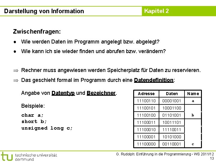 Kapitel 2 Darstellung von Information Zwischenfragen: ● Wie werden Daten im Programm angelegt bzw.