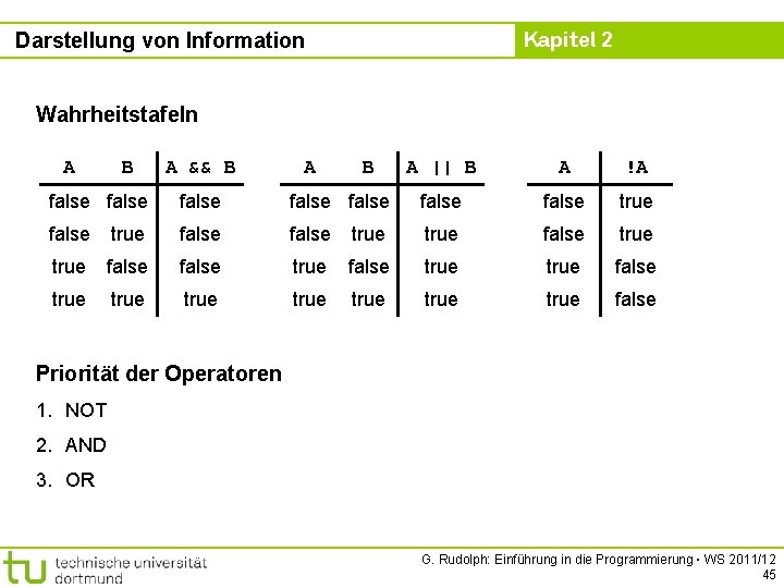 Kapitel 2 Darstellung von Information Wahrheitstafeln A B A && B A || B