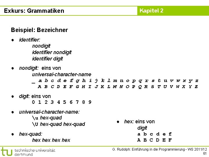 Exkurs: Grammatiken Kapitel 2 Beispiel: Bezeichner ● identifier: nondigit identifier digit ● nondigit: eins