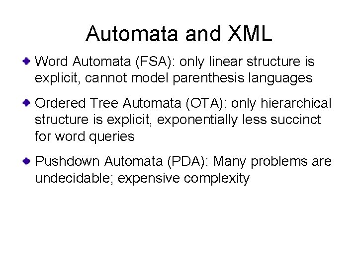 Automata and XML Word Automata (FSA): only linear structure is explicit, cannot model parenthesis