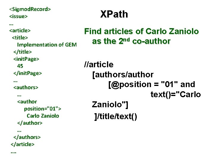 <Sigmod. Record> <issue> … <article> <title> Implementation of GEM </title> <init. Page> 45 </init.