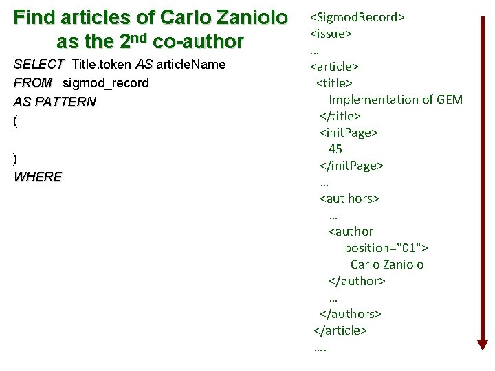 Find articles of Carlo Zaniolo as the 2 nd co-author SELECT Title. token AS
