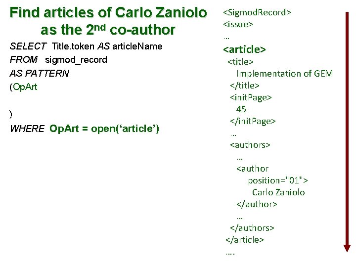Find articles of Carlo Zaniolo as the 2 nd co-author SELECT Title. token AS