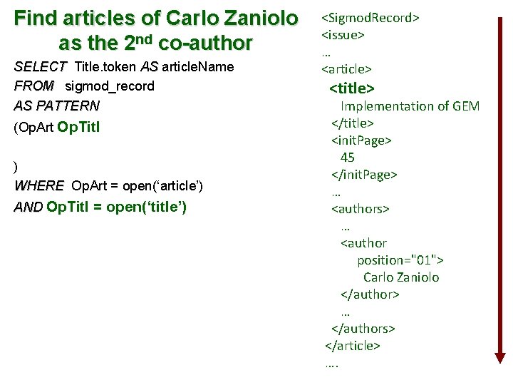 Find articles of Carlo Zaniolo as the 2 nd co-author SELECT Title. token AS