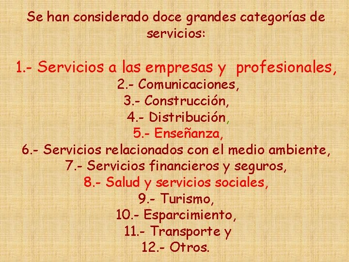Se han considerado doce grandes categorías de servicios: 1. - Servicios a las empresas