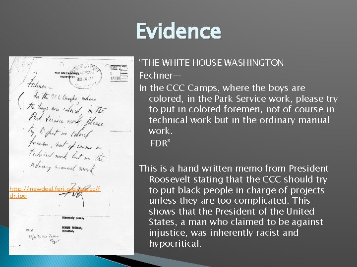 Evidence “THE WHITE HOUSE WASHINGTON Fechner— In the CCC Camps, where the boys are