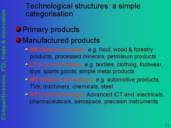 Competitiveness, FDI, trade & innovation Technological structures: a simple categorisation Primary products Manufactured products