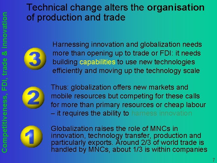Competitiveness, FDI, trade & innovation Technical change alters the organisation of production and trade