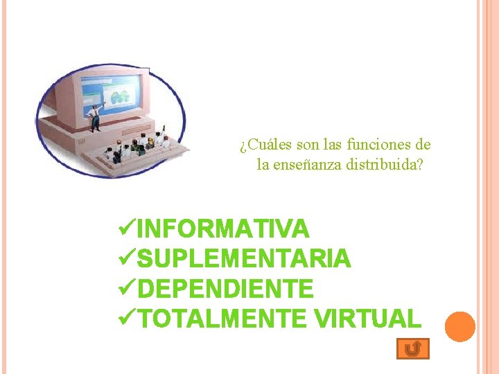 ¿Cuáles son las funciones de la enseñanza distribuida? üINFORMATIVA üSUPLEMENTARIA üDEPENDIENTE üTOTALMENTE VIRTUAL 