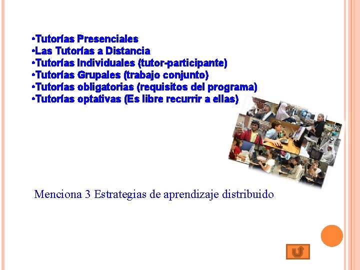  • Tutorías Presenciales • Las Tutorías a Distancia • Tutorías Individuales (tutor-participante) •