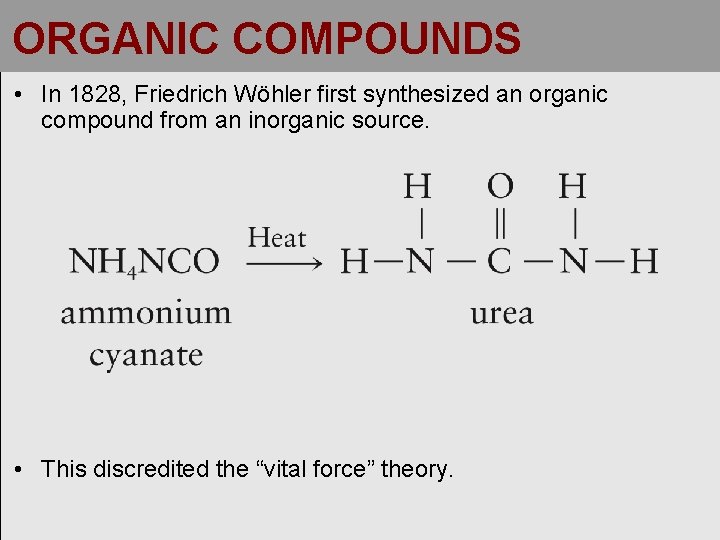 ORGANIC COMPOUNDS • In 1828, Friedrich Wöhler first synthesized an organic compound from an