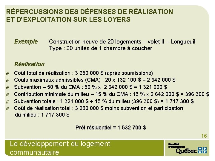 RÉPERCUSSIONS DES DÉPENSES DE RÉALISATION ET D’EXPLOITATION SUR LES LOYERS Exemple Construction neuve de