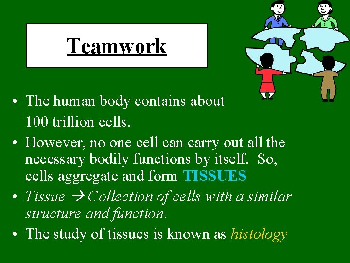 Teamwork • The human body contains about 100 trillion cells. • However, no one