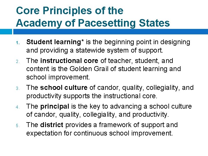 Core Principles of the Academy of Pacesetting States 1. 2. 3. 4. 5. Student
