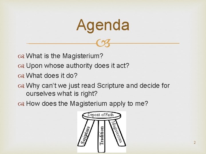 Agenda What is the Magisterium? Upon whose authority does it act? What does it