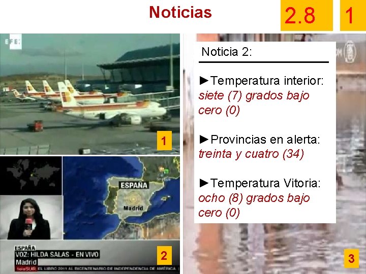 Noticias 2. 8 1 Noticia 2: ►Temperatura interior: siete (7) grados bajo cero (0)