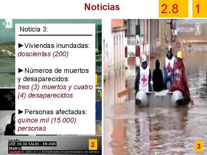 Noticias 2. 8 1 Noticia 3: ►Viviendas inundadas: doscientas (200) ►Números de muertos y