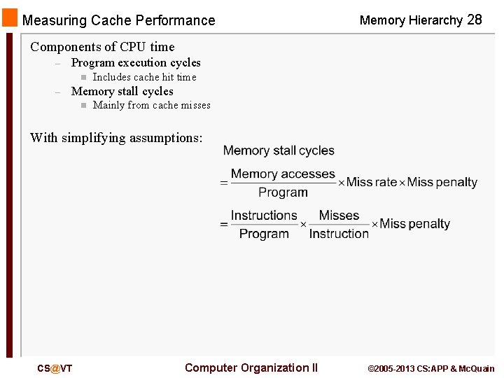 Measuring Cache Performance Memory Hierarchy 28 Components of CPU time – Program execution cycles