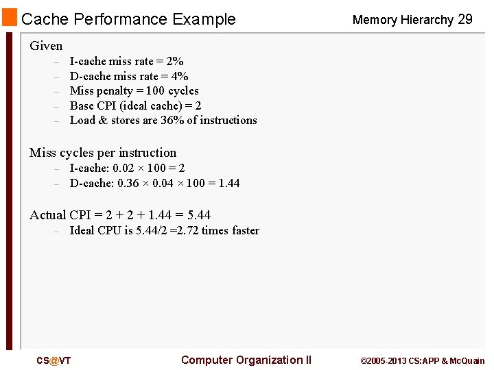 Cache Performance Example Memory Hierarchy 29 Given – – – I-cache miss rate =