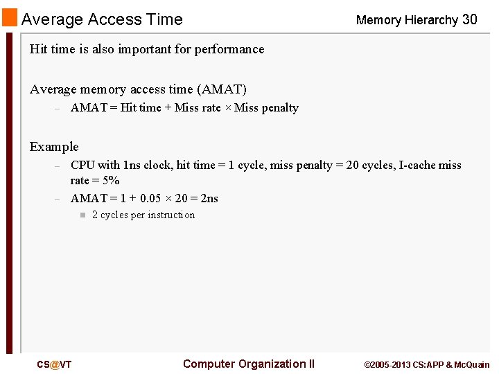 Average Access Time Memory Hierarchy 30 Hit time is also important for performance Average
