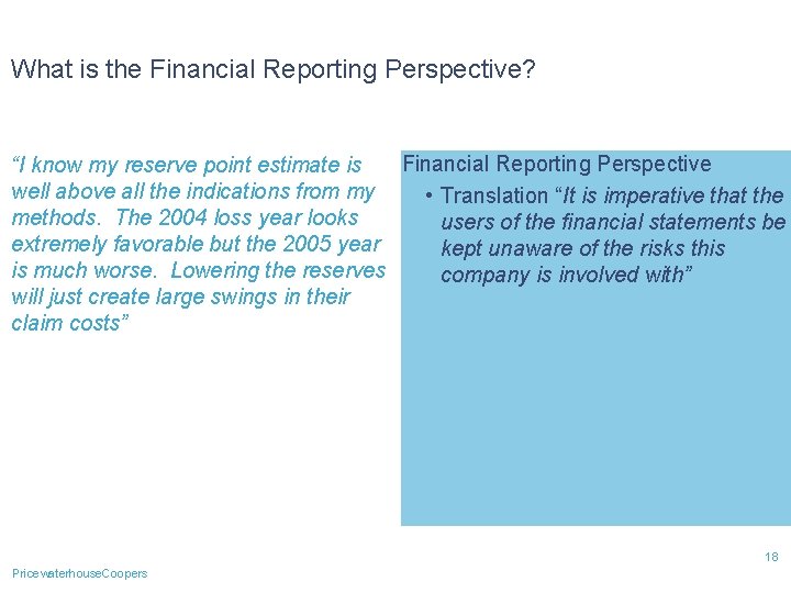 What is the Financial Reporting Perspective? Financial Reporting Perspective “I know my reserve point