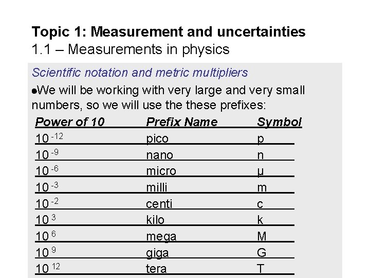 Topic 1: Measurement and uncertainties 1. 1 – Measurements in physics Scientific notation and