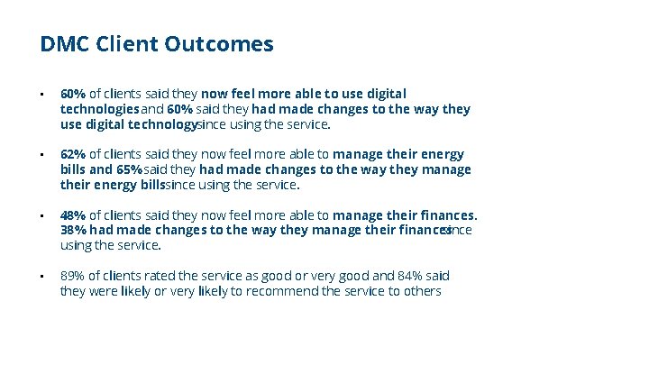 DMC Client Outcomes • 60% of clients said they now feel more able to