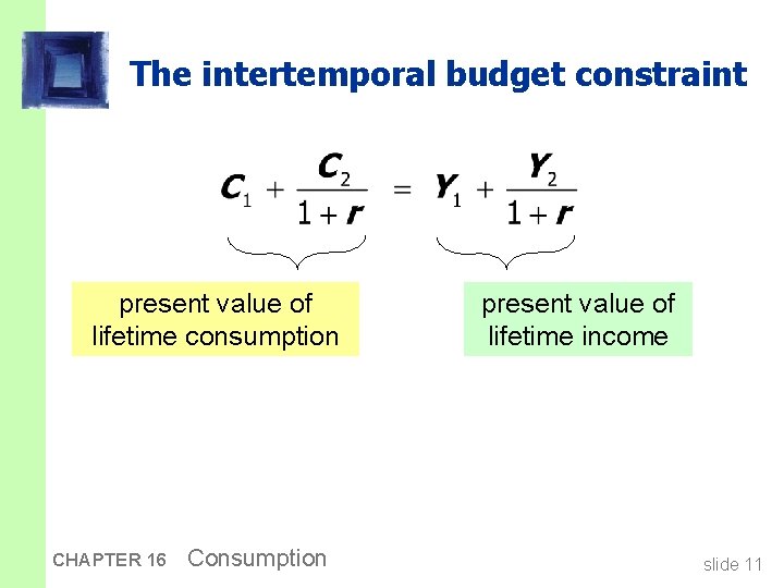 The intertemporal budget constraint present value of lifetime consumption CHAPTER 16 Consumption present value