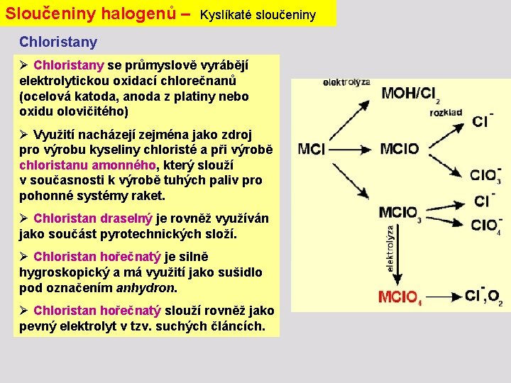 Sloučeniny halogenů – Kyslíkaté sloučeniny Chloristany Ø Chloristany se průmyslově vyrábějí elektrolytickou oxidací chlorečnanů