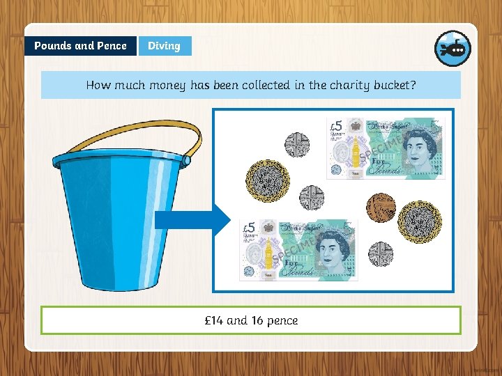 Pounds and Pence Diving How much money has been collected in the charity bucket?