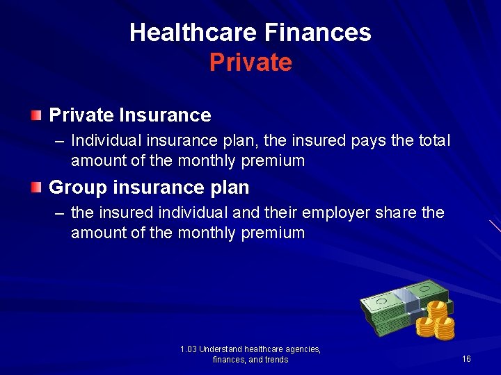 Healthcare Finances Private Insurance – Individual insurance plan, the insured pays the total amount Healthcare Finances Private Insurance – Individual insurance plan, the insured pays the total amount