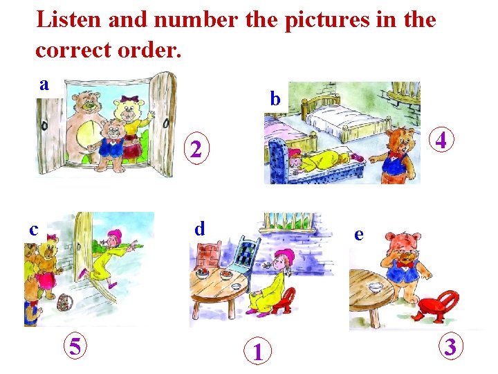 Listen and number the pictures in the correct order. a b 4 2 c