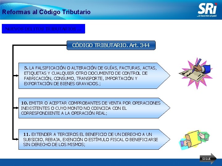 Reformas al Código Tributario NUEVOS DELITOS TRIBUTARIOS. . . CÓDIGO TRIBUTARIO. Art. 344 5.