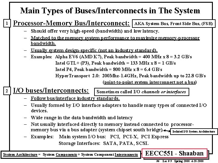 Main Types of Buses/Interconnects in The System 1 Processor-Memory Bus/Interconnect: AKA System Bus, Front