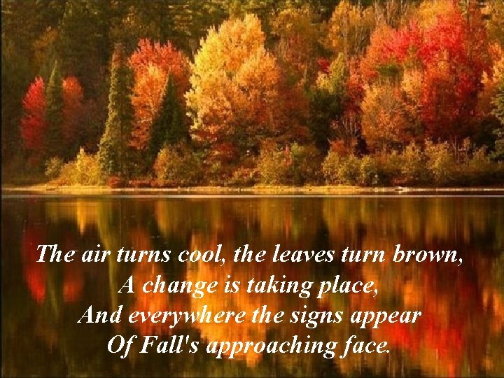 The air turns cool, the leaves turn brown, A change is taking place, And