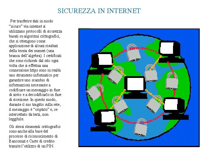 SICUREZZA IN INTERNET Per trasferire dati in modo “sicuro” via internet si utilizzano protocolli