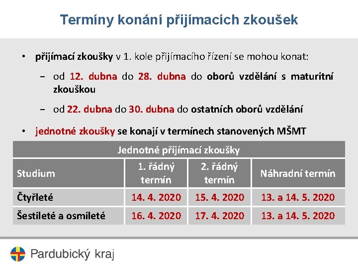 Termíny konání přijímacích zkoušek • přijímací zkoušky v 1. kole přijímacího řízení se mohou